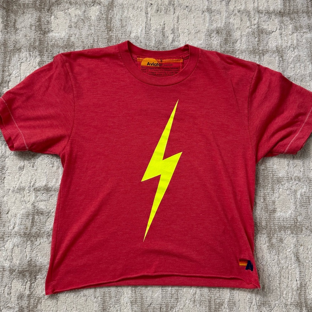 Aviator nation boyfriend tee Red T-Shirt with neon yellow Lightning Bolt